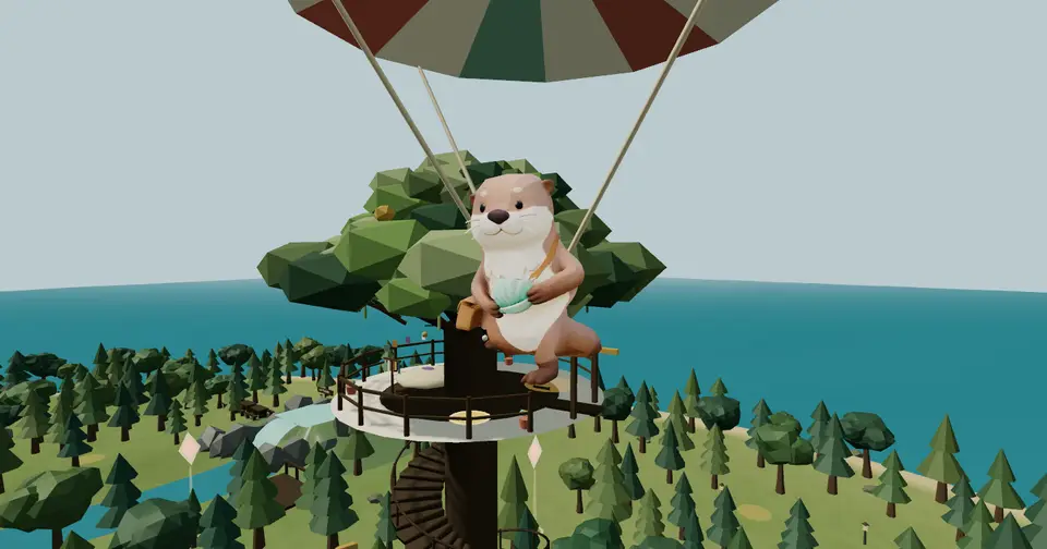 Drift floating under a lookout parachute in his usual idle pose above the roost treehouse