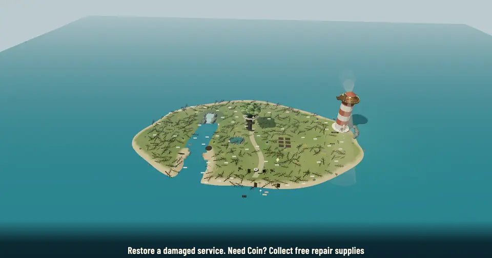 The island after an Easy storm, with fallen trees across the land and the lighthouse still standing