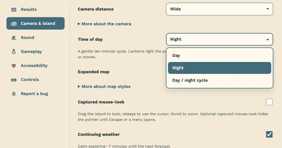 Journal Camera page with Time of day open, Night selected in an ocean row
