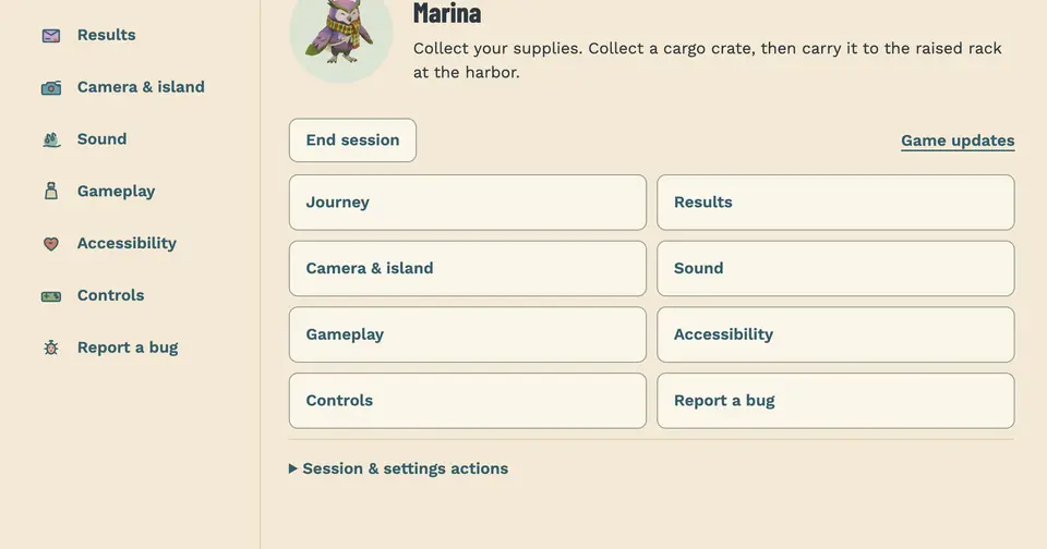Journal Home for Marina with sketched left-nav icons and destination buttons