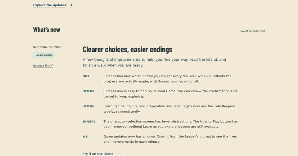 Public Tide Keepers Updates page with the current release and its fixes