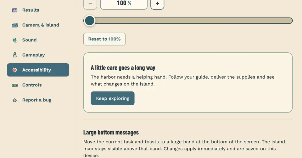 Journal Accessibility showing the text-size stepper, typeable percent, and large slider