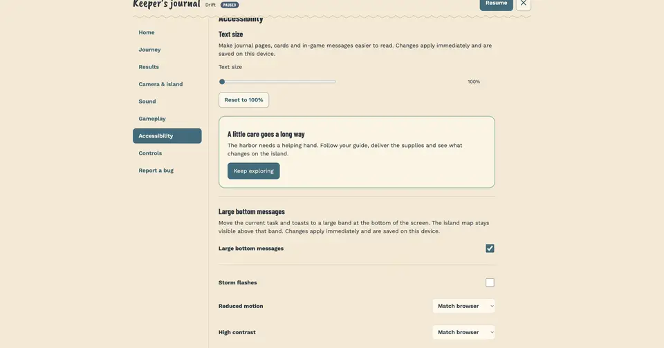 Journal Accessibility page with Large bottom messages turned on