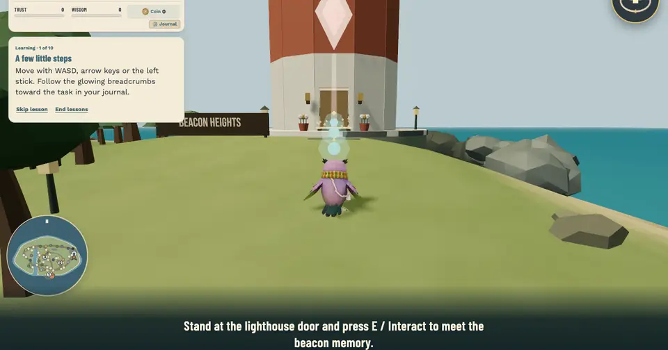 Marina at the lighthouse with the first Learn as you explore lesson open.
