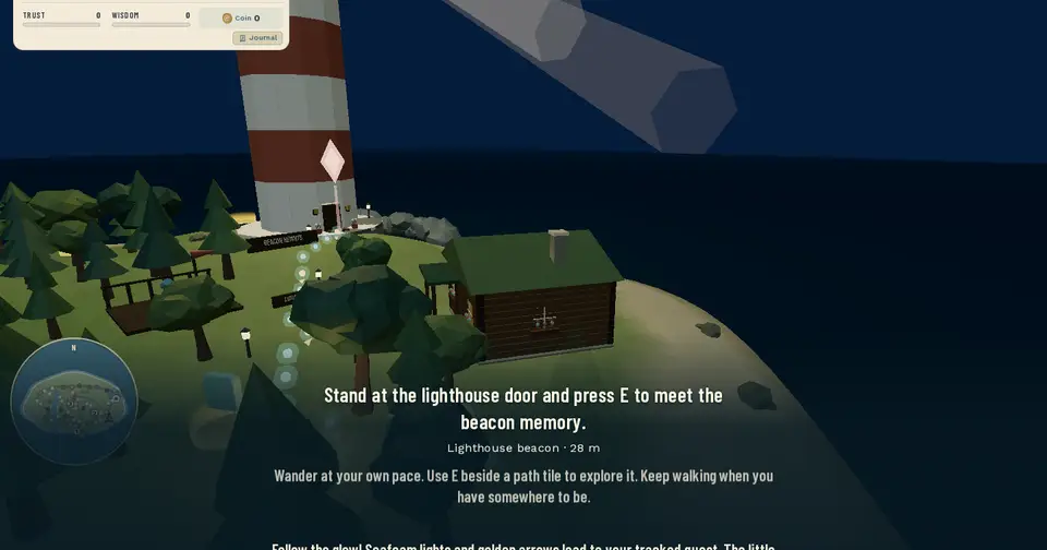 The library wing cabin on the green headland below the lighthouse, beside the path lights