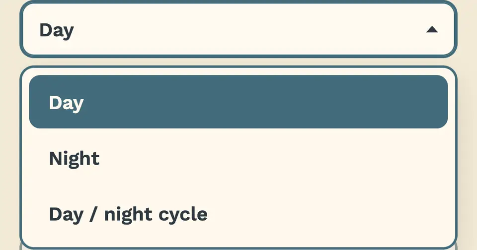 Phone journal with the Time of day menu open on Day, Night, and Day / night cycle