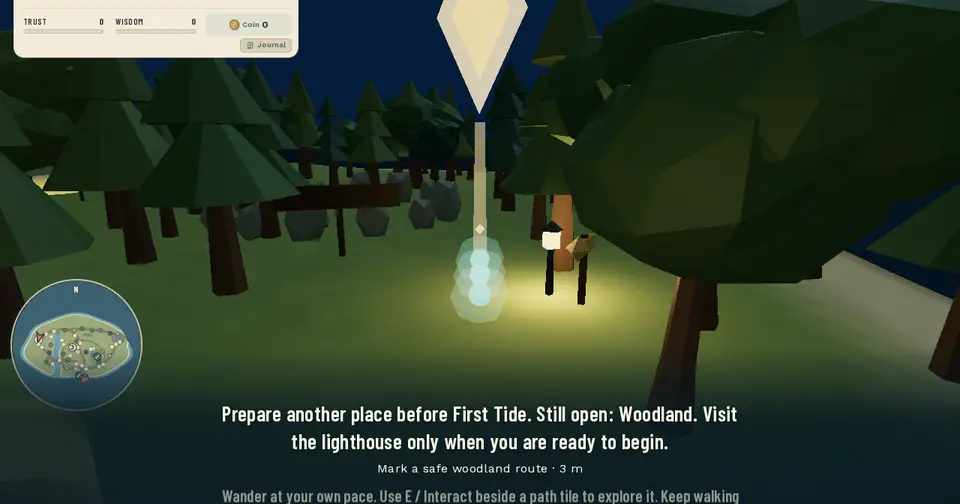 The woodland pickup at night: the guide light, a lamp, and the waymark sign on its post beside them