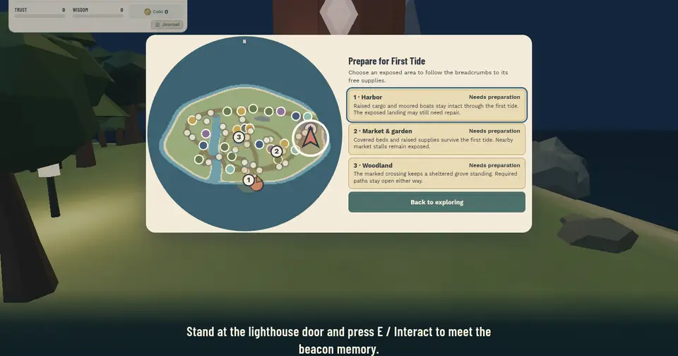 Prepare for First Tide with the island chart on the left, Harbor, Market and garden, Woodland and Back to exploring on the right, and the objective message below it