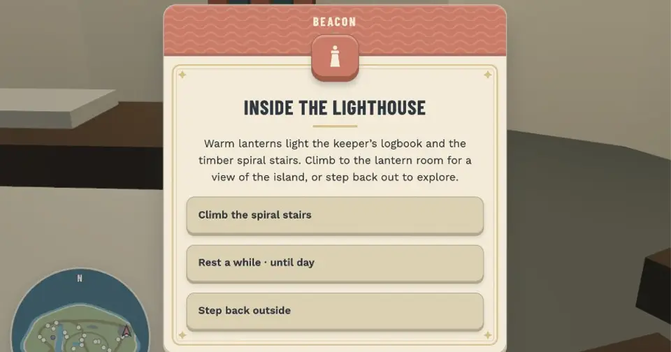 Inside the lighthouse card offering the spiral stairs