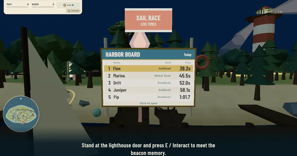 The Harbor board on the pier listing Finn, Marina, Drift, Juniper and Pip with large lap times, Finn in an ochre band, and Click to open along the bottom