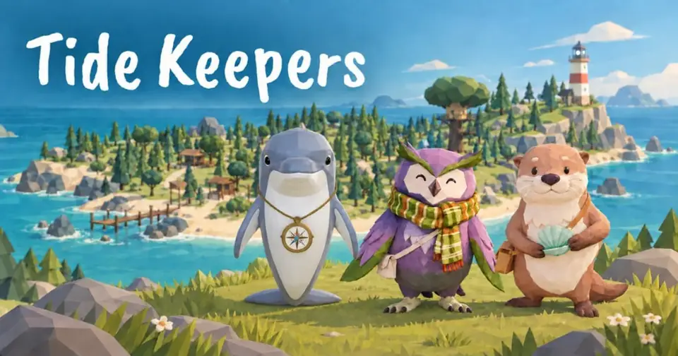 Finn, Marina and Drift on the island grass beneath the Tide Keepers logo