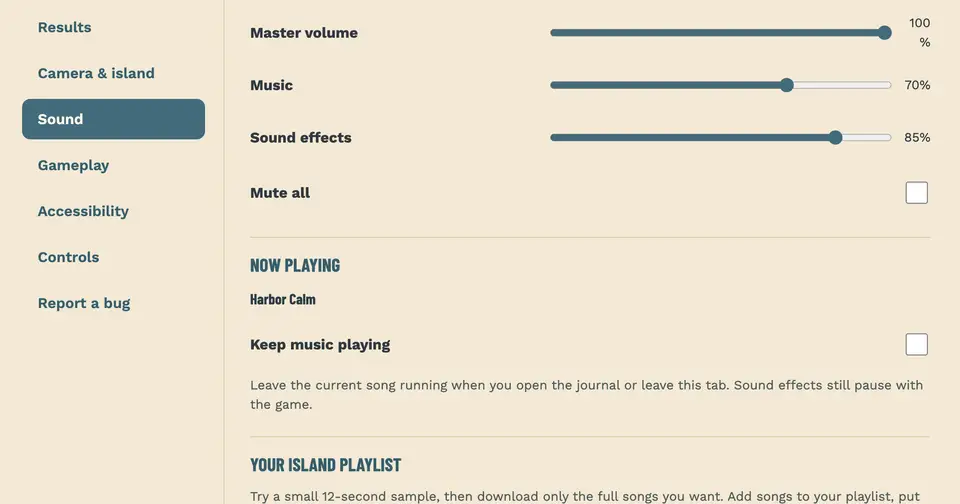 Journal Sound page showing Harbor Calm as now playing and a Keep music playing toggle