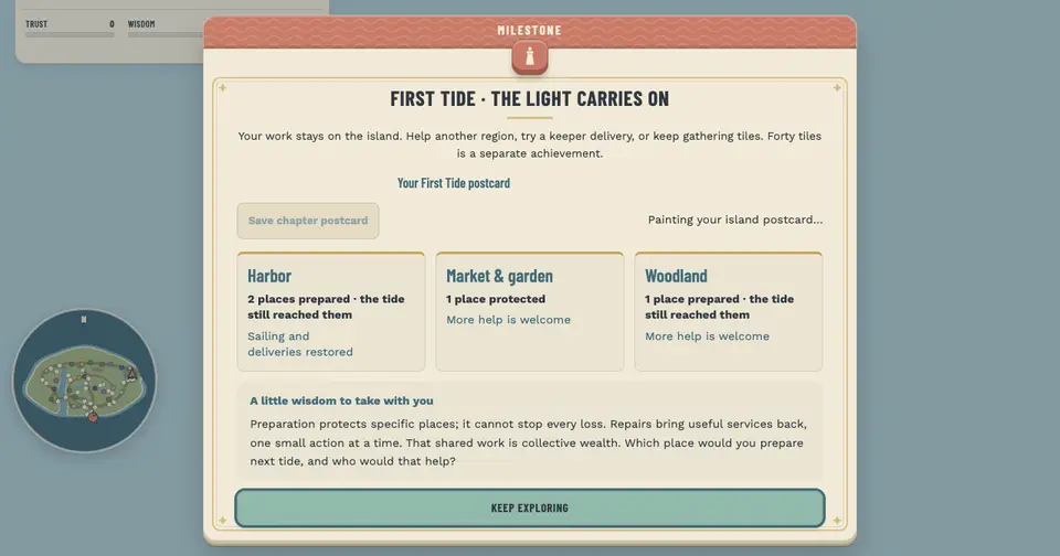 First Tide milestone with a ready postcard and accurate harbor, garden, and woodland lines